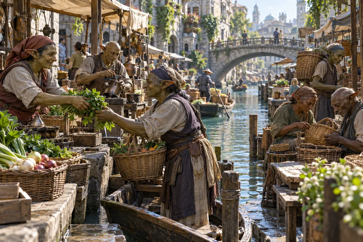 Traders and residents in a goblin canal-side market.